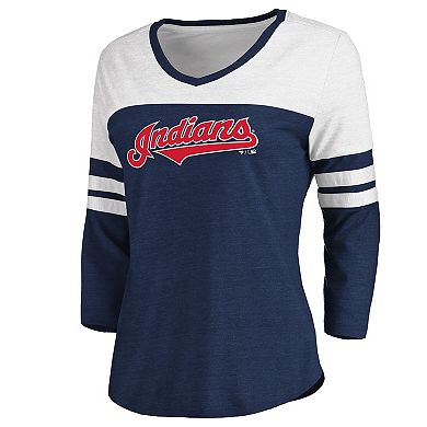 Women's Fanatics Branded Heathered Navy/White Cleveland Indians Official Wordmark 3/4 Sleeve V-Neck Tri-Blend T-Shirt
