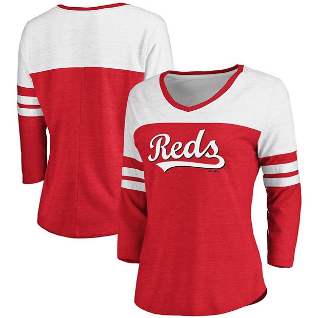 Women's Fanatics Branded Heathered Red/White Cincinnati Reds Official  Wordmark 3/4 Sleeve V-Neck Tri