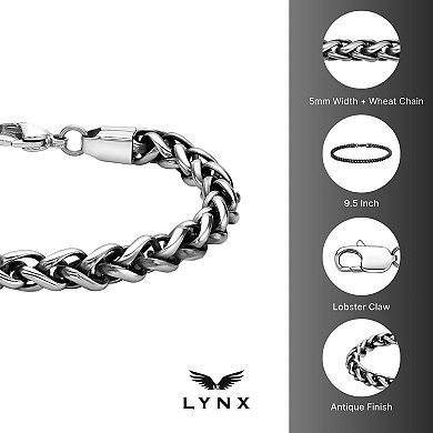 Men's LYNX Antiqued Ion-Plated Stainless Steel Wheat Chain Bracelet
