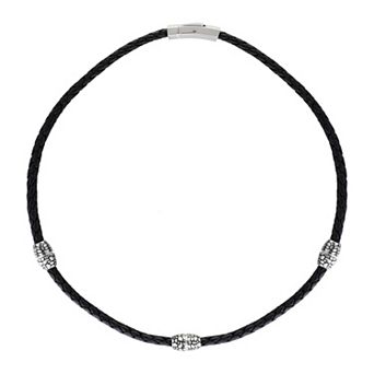 Men's LYNX Black Ion-Plated Stainless Steel & Braided Black Leather Necklace
