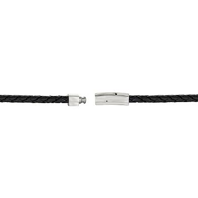 Men's LYNX Black Ion-Plated Stainless Steel & Braided Black Leather Necklace