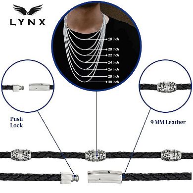 Men's LYNX Black Ion-Plated Stainless Steel & Braided Black Leather Necklace