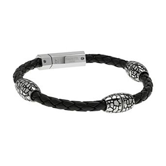 Men's LYNX Black Ion-Plated Stainless Steel & Black Leather Bracelet