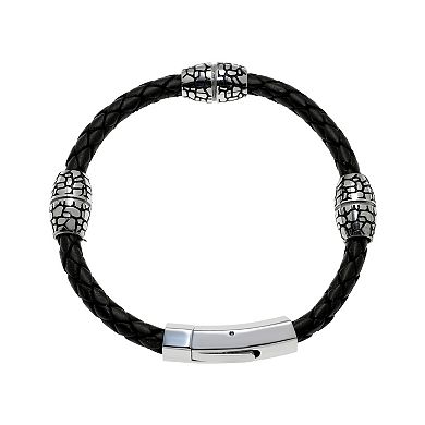 Men's LYNX Black Ion-Plated Stainless Steel & Black Leather Bracelet