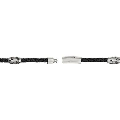 Men's LYNX Black Ion-Plated Stainless Steel & Black Leather Bracelet