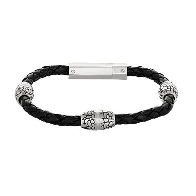 Men's LYNX Black Ion-Plated Stainless Steel & Black Leather Bracelet
