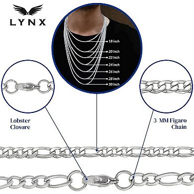 Men's LYNX Stainless Steel 3 mm Figaro Chain Necklace