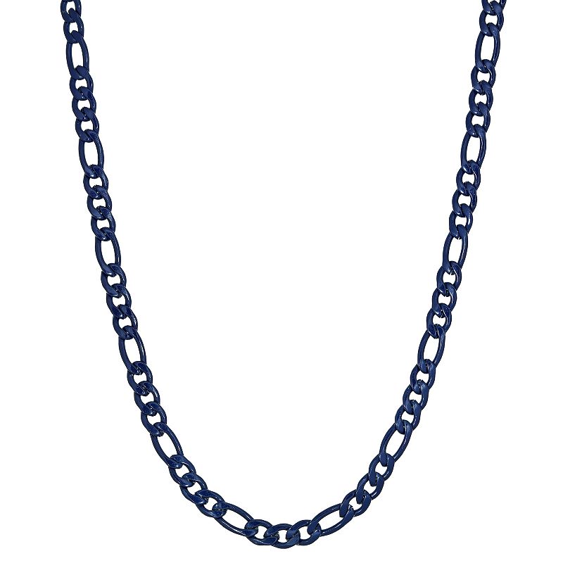 Mens LYNX Blue Acrylic Coated Stainless Steel Figaro Chain Necklace, Size