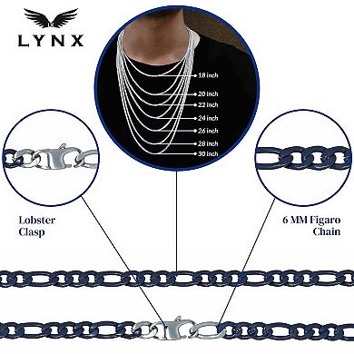 Men's LYNX Blue Acrylic Coated Stainless Steel Figaro Chain Necklace