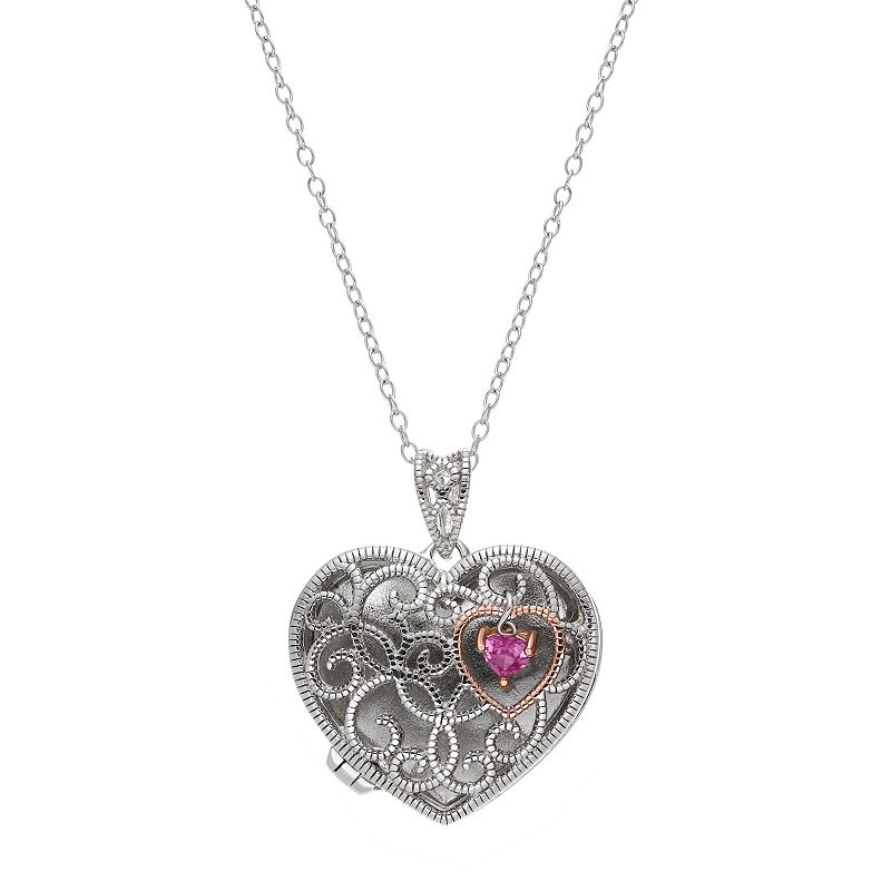 Sterling Silver Lab-Created Pink Sapphire Heart Locket, Womens, White