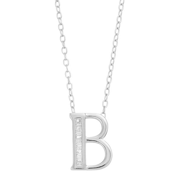 Sterling Silver Baguette Diamond Initial Pendant Necklace - B