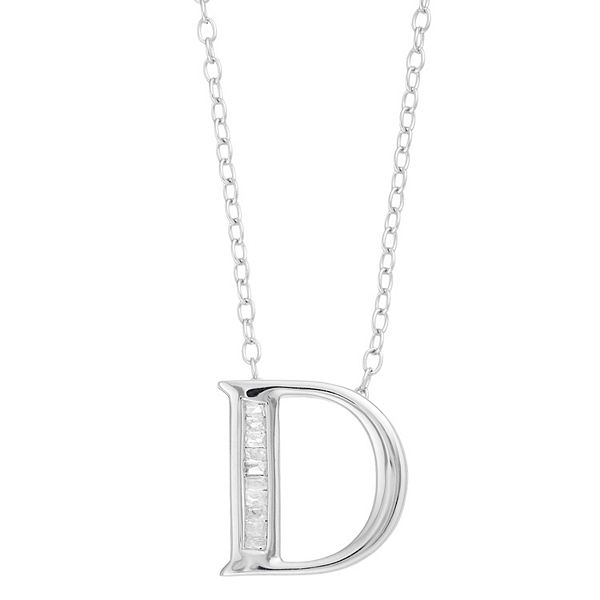 Sterling Silver Baguette Diamond Initial Pendant Necklace - D