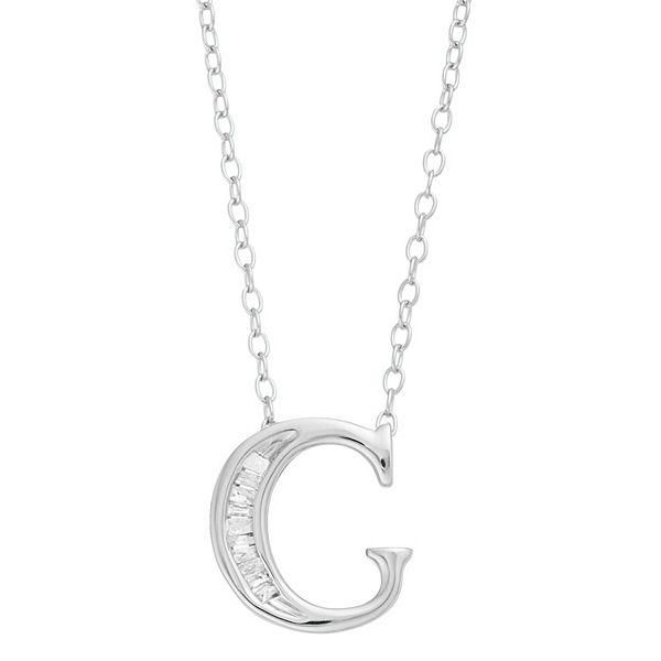 Sterling Silver Baguette Diamond Initial Pendant Necklace - G