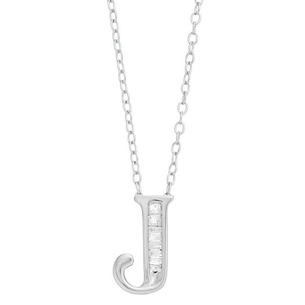 Sterling Silver Baguette Diamond Initial Pendant Necklace - J