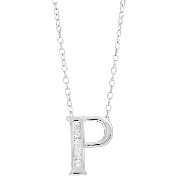 Sterling Silver Baguette Diamond Initial Pendant Necklace - P