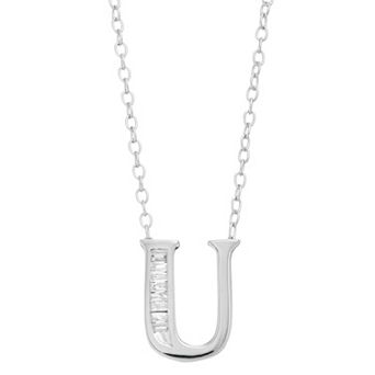 Sterling Silver Baguette Diamond Initial Pendant Necklace