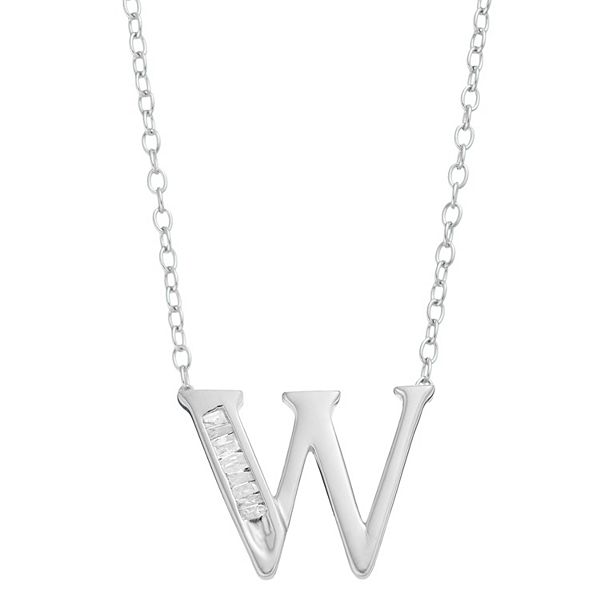 Sterling Silver Baguette Diamond Initial Pendant Necklace - W