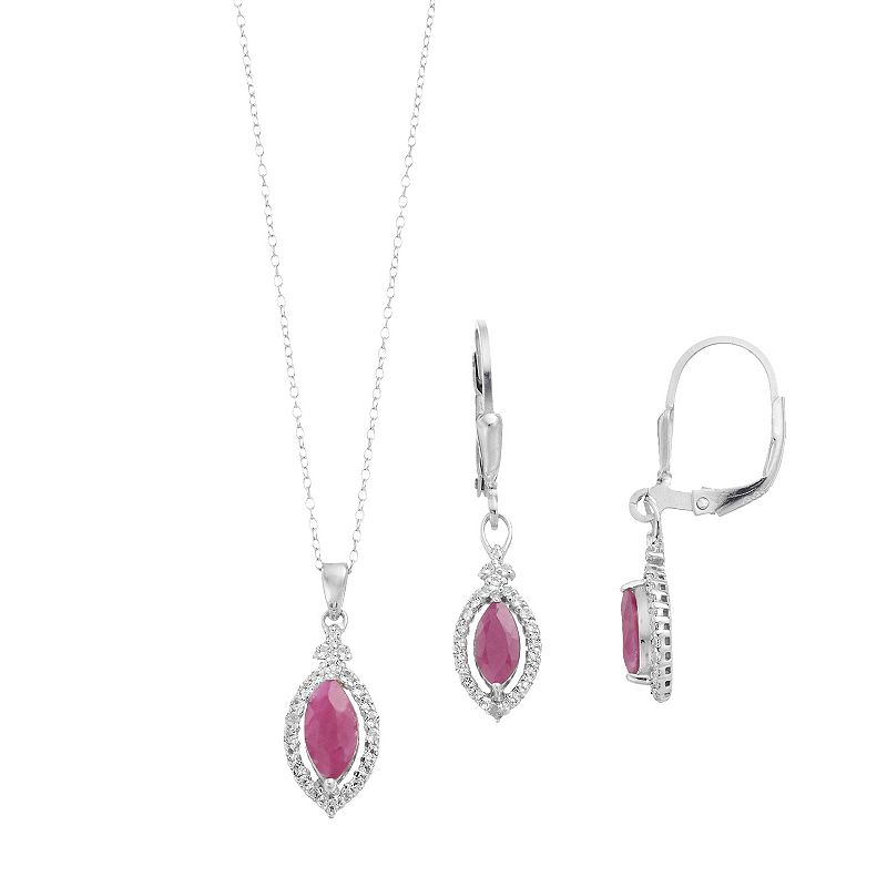 Sterling Silver Ruby & Cubic Zirconia Halo Drop Earring & Pendant Necklace 