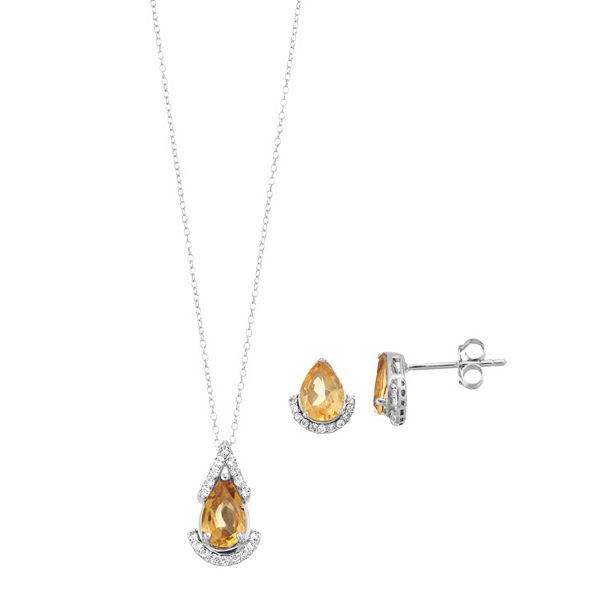 Sterling Silver Citrine & White Topaz Pear Drop Earring & Pendant Necklace  Set