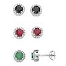 Sterling Silver Ruby, Emerald & Sapphire Halo Stud Earring Set 