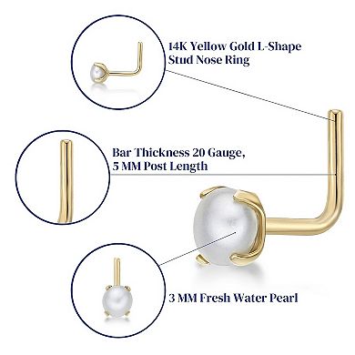 Lila Moon 14k Gold 90 Degree Angle Freshwater Cultured Pearl Nose Stud