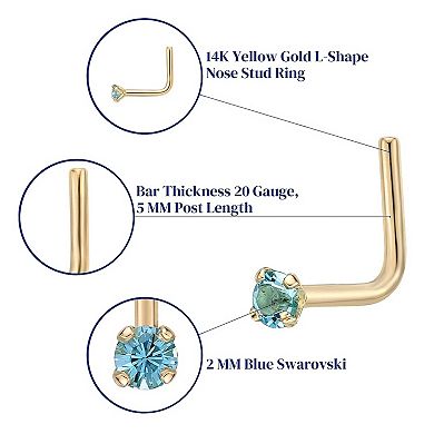 Lila Moon 14k Gold 90 Degree Blue Crystal Nose Stud