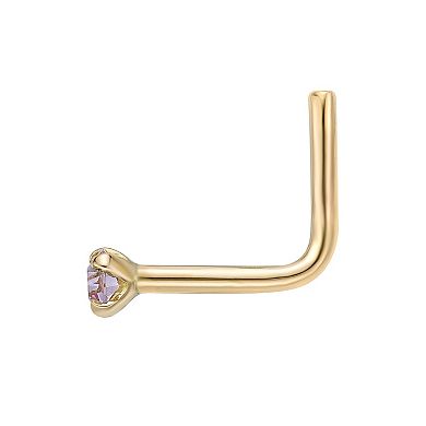 Lila Moon 14k Gold 90 Degree Purple Crystal Nose Stud