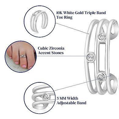 Lila Moon 10k White Gold Cubic Zirconia Triple Band Adjustable Toe Ring
