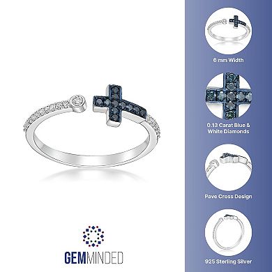 Gemminded Sterling Silver 1/8 Carat T.W. Blue & White Diamond Cross Ring