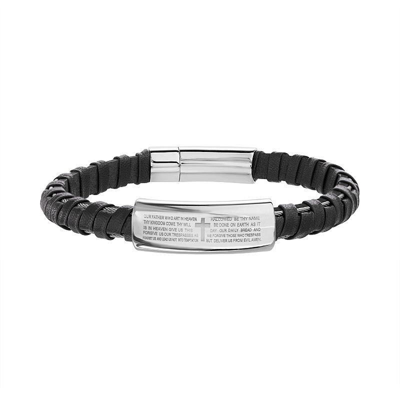 1913 Mens Vegan Leather Braided Bracelet with Stainless Steel Lords Pray