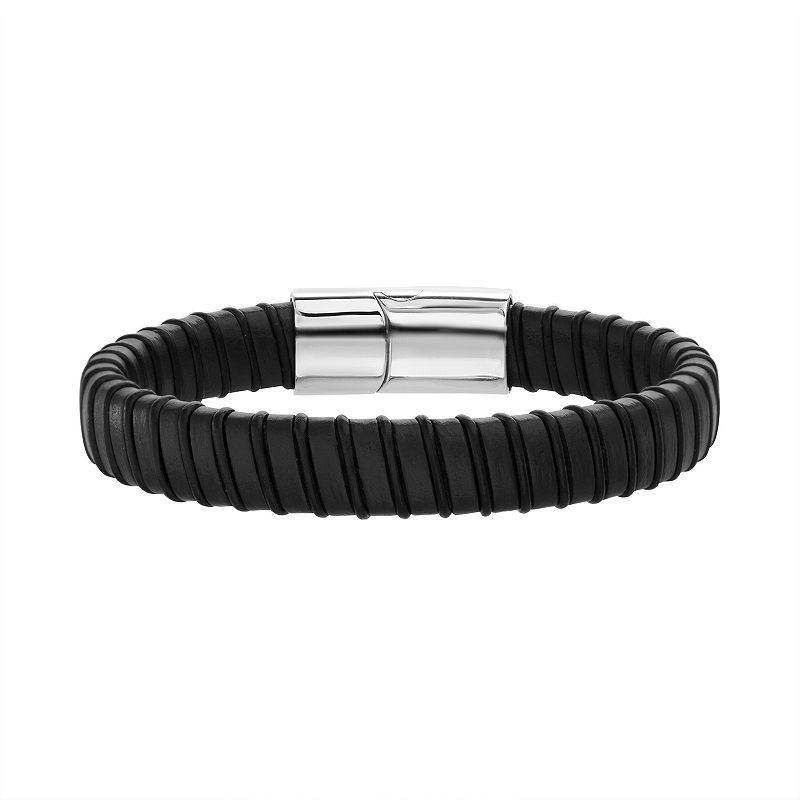 1913 Mens Black & Brown Ribbed Vegan Leather Bracelet with Stainless Stee