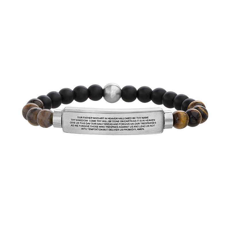 1913 Mens Tiger Eye & Glass Beads Stretch Bracelet with Stainless Steel L