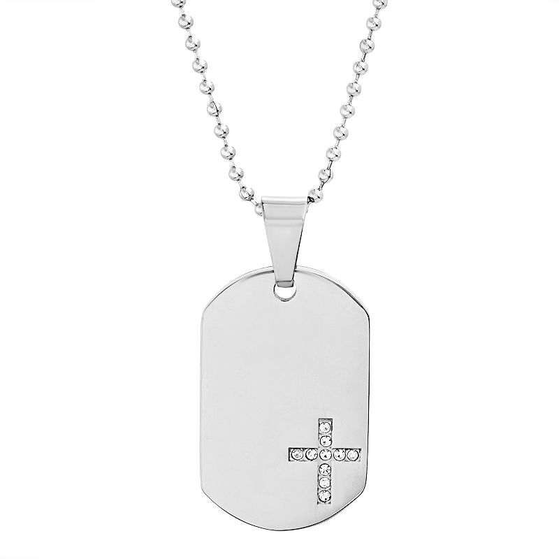 1913 Mens Stainless Steel Cubic Zirconia Cross Dog Tag Necklace, Size: 24