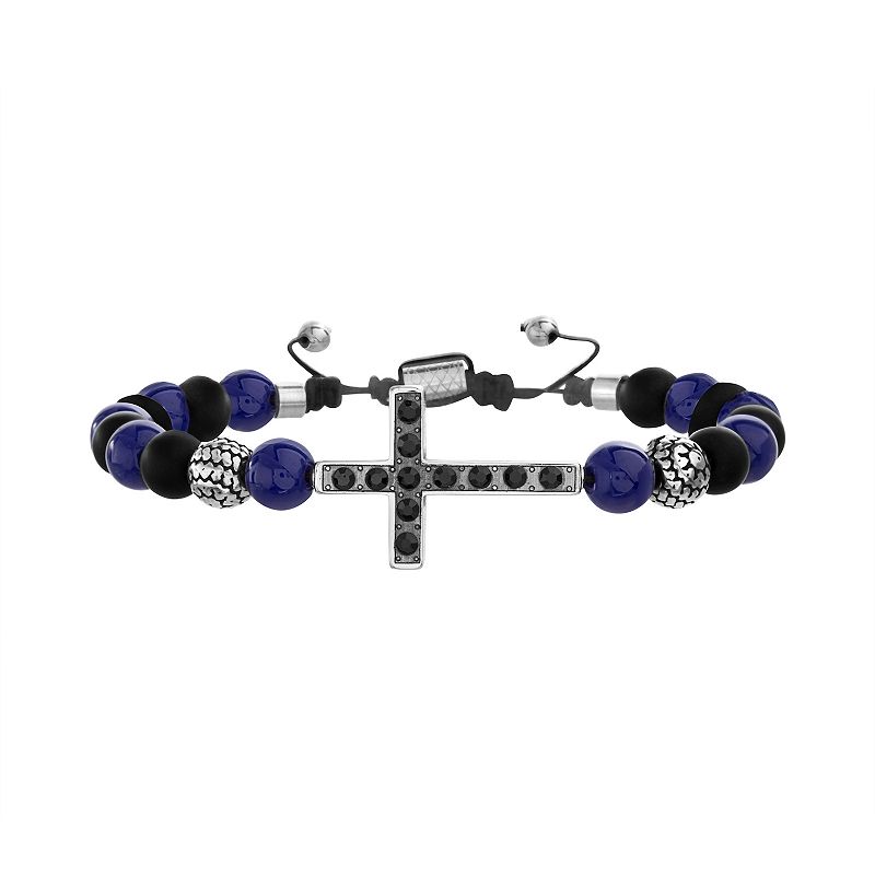 1913 Mens Synthetic Sodalite & Black Glass Bead Bracelet with Stainless S