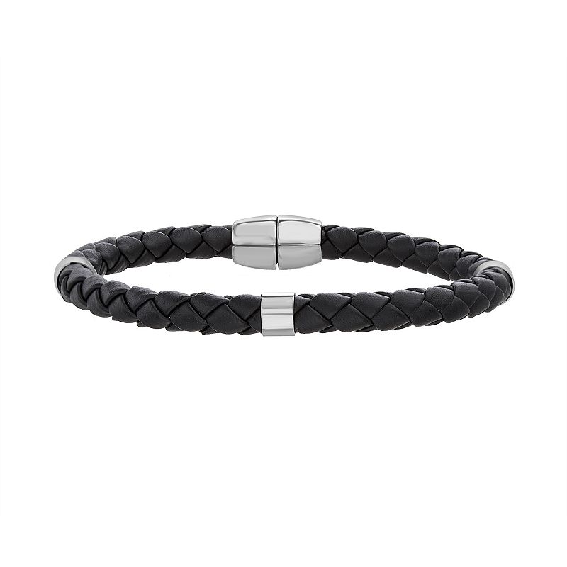 1913 Mens Stainless Steel Stations & Braided Vegan Leather Bracelet, Size