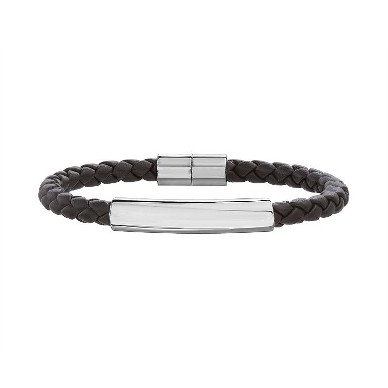 1913 Mens Braided Vegan Leather Bracelet with Stainless Steel Stations, S