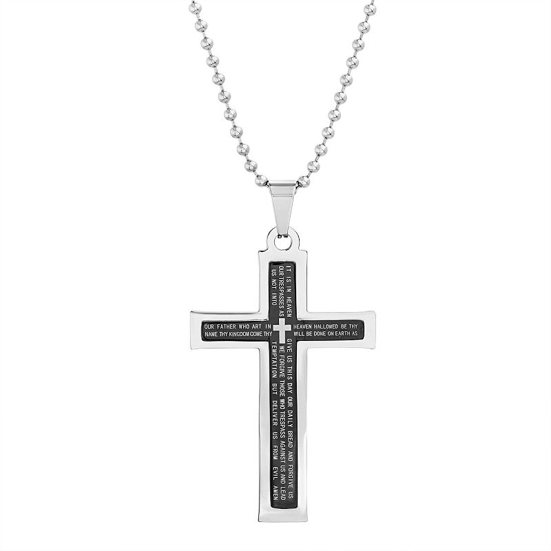 1913 Mens Two Tone Stainless Steel Cross Pendant Necklace with Lords Pra