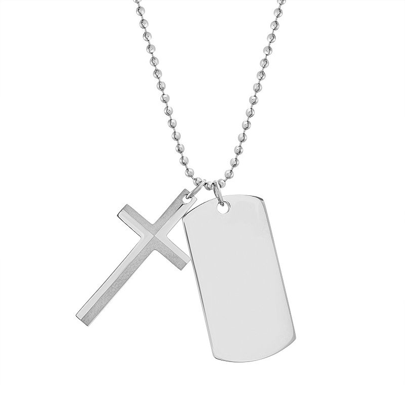 1913 Mens Stainless Steel Cross & Dog Tag Pendant Necklace, Size: 24, M
