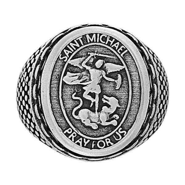 retort Frons Snooze 1913 Men's Stainless Steel St. Michael Medallion Ring