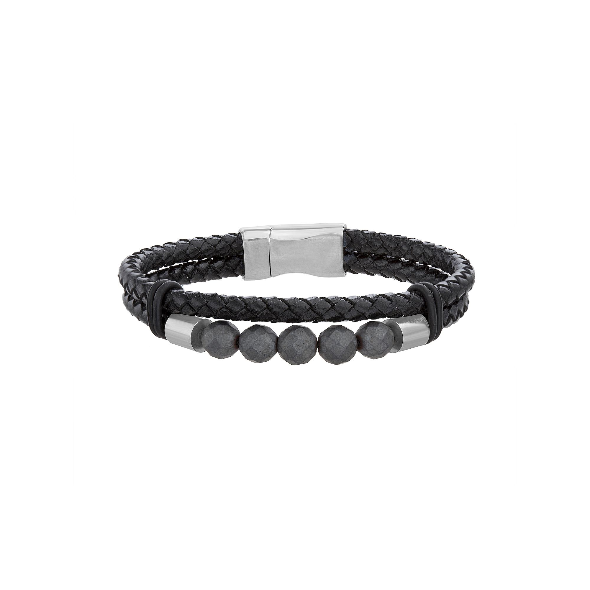 1913 Mens Vegan Leather Synthetic Hematite Bead Bracelet with Stainless S
