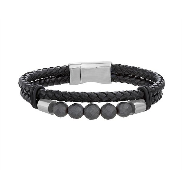 BACKBONE Mens Bracelet Stack Leather & Steel w/ Carbon Graphite Beads