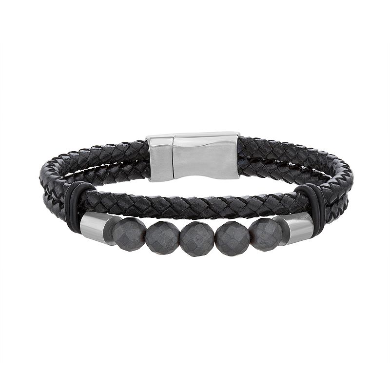 1913 Mens Vegan Leather Synthetic Hematite Bead Bracelet with Stainless S