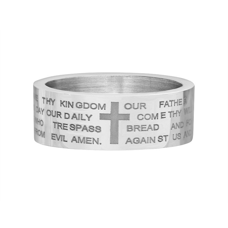 1913 Mens Stainless Steel Cross Ring with Lords Prayer, Multicolor