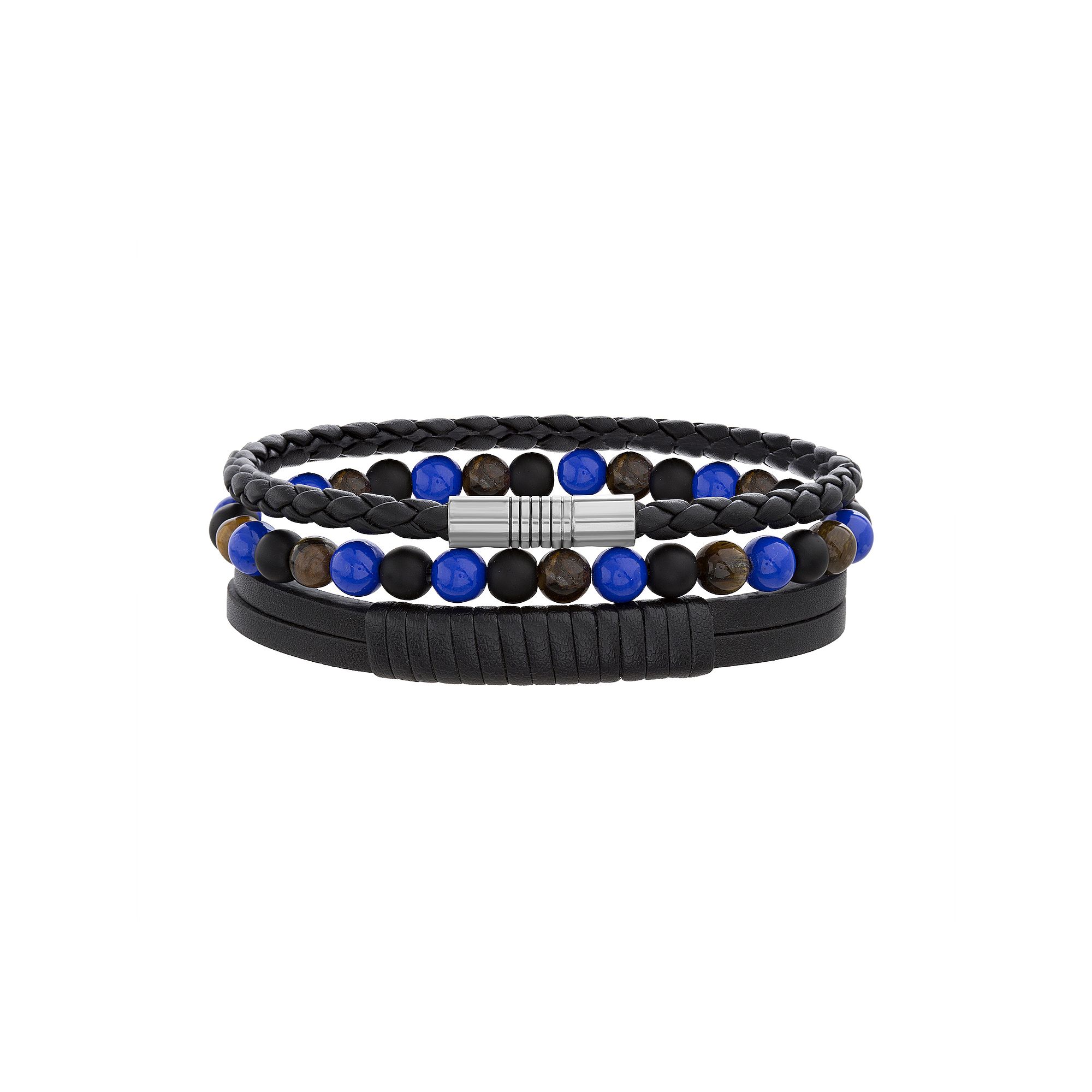 1913 Mens Tiger Eye & Sodalite Bead & Vegan Leather Bracelet Set, Size: 8