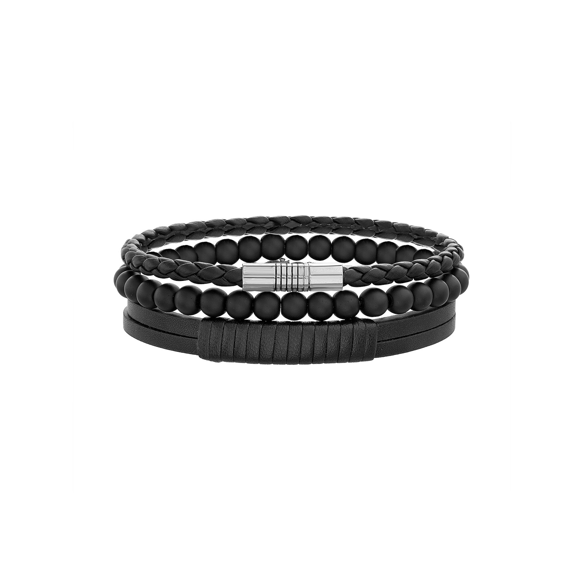 1913 Mens Vegan Leather & Glass Bead Bracelet Set, Size: 8.5, Stainless