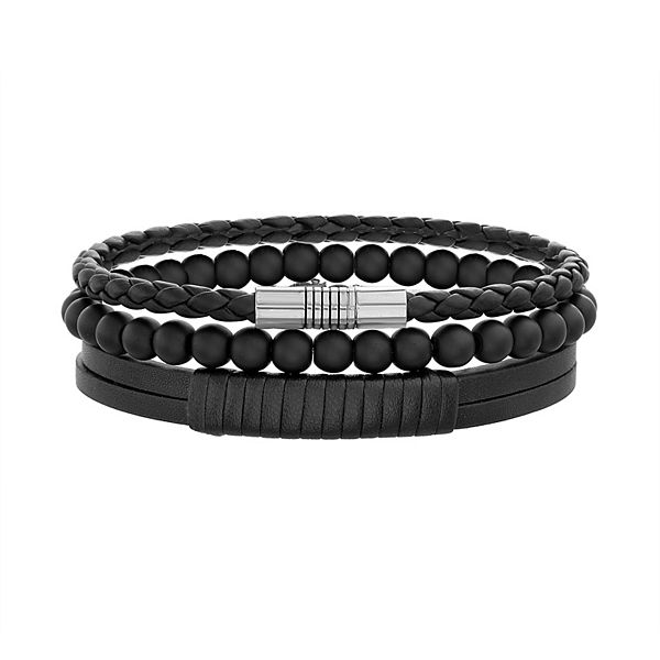 1913 Men's Vegan Leather & Glass Bead Bracelet Set