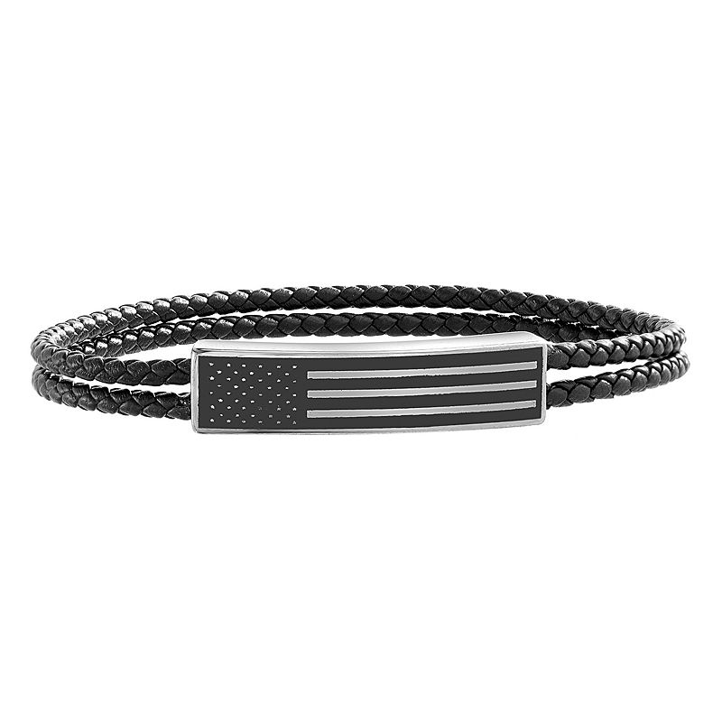 1913 Mens Double Braided Vegan Leather & Stainless Steel American Flag Br