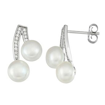 Sterling Silver Freshwater Cultured Pearl Cubic Zirconia Double Drop Earrings