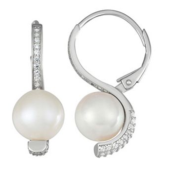 Sterling Silver Freshwater Cultured Pearl Cubic Zirconia Leverback Earrings