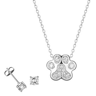 Classic Treasures Sterling Silver Cubic Zirconia Dog Paw Pendant Necklace & Stud Earrings Set